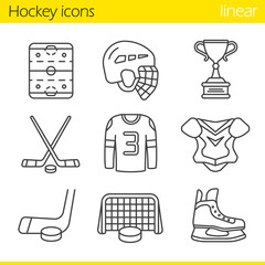 Hockey equipment linear icons set