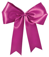 Pink ribbon with bow with tails isolated on white with clipping