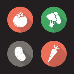 Vegetables flat design long shadow icons set