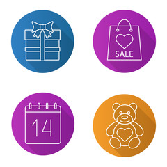 Valentine's Day flat linear long shadow icons set