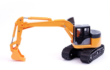 Toy tracked excavator with grab lowered