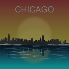 Obraz premium Chicago skyline reflected at sunset vector illustration