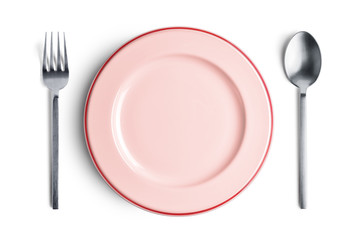 Pink plate with silver fork and spoon with clipping path