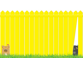 Cartoon dog and cat on the yellow fence