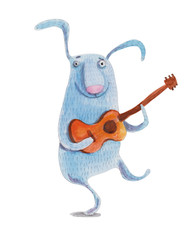 Fototapeta premium Bunny with guitar. Watercolor illustration. Hand drawing