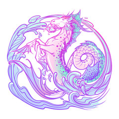 Zodiac sign Capricorn. Fantastic sea creature with body of a goat and a fish tail Decorative water swirls. Vintage art nouveau style concept art for horoscope, tattoo or colouring book. EPS10 vector