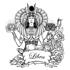 Zodiac sign Libra. Egyptian goddess Isis balancing in hands black and white lotus as a symbol of equilibrium. Vintage art nouveau style concept art for horoscope or tattoo. EPS10 vector