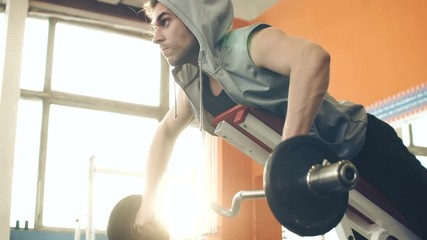 Man working his arms at the gym, He lifting the dumbbells and working his biceps. Training in the gym