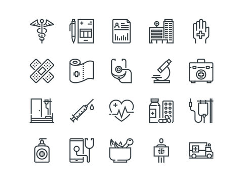 Medical. Set of outline vector icons. Includes such as Emergency, Heartbeat, Equipment and other
