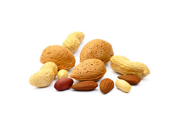 Almonds and peanuts isolated on white background