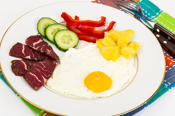 Fried egg with vegetables and a side dish of potatoes with mushr