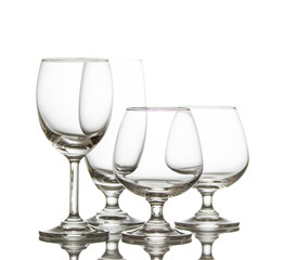 Clear crystal glasses,closeup shot on white isolated.