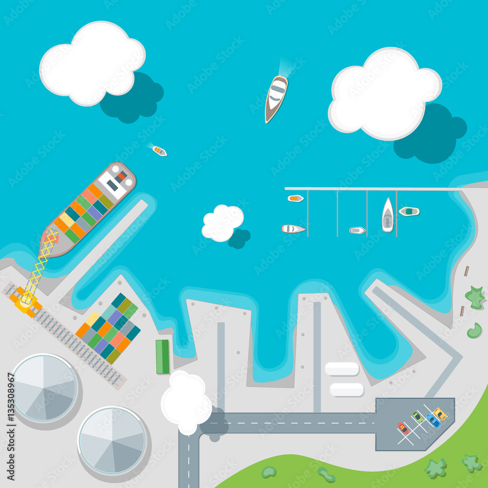 Poster Cartoon Port Town and Barge Ship. Vector