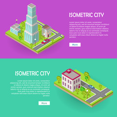 Isometric City Buildings Vector Web Banners Set.