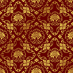 Seamless Golden Chinese Background Botanic Cross Spiral Flower Vine