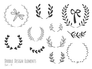 Collection of hand drawn doodle design elements isolated on white background. Set of handdrawn dragonfly, laurel wreaths, floral dividers, ribbon. Abstract hand sketched shapes. Vector illustration.