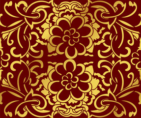Seamless Golden Chinese Background Spiral Curve Cross Flower
