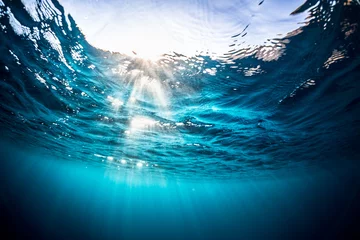Unterwasseraufnahme der Meeresoberfläche mit Sonnenstrahlen und Wellen © Dudarev Mikhail