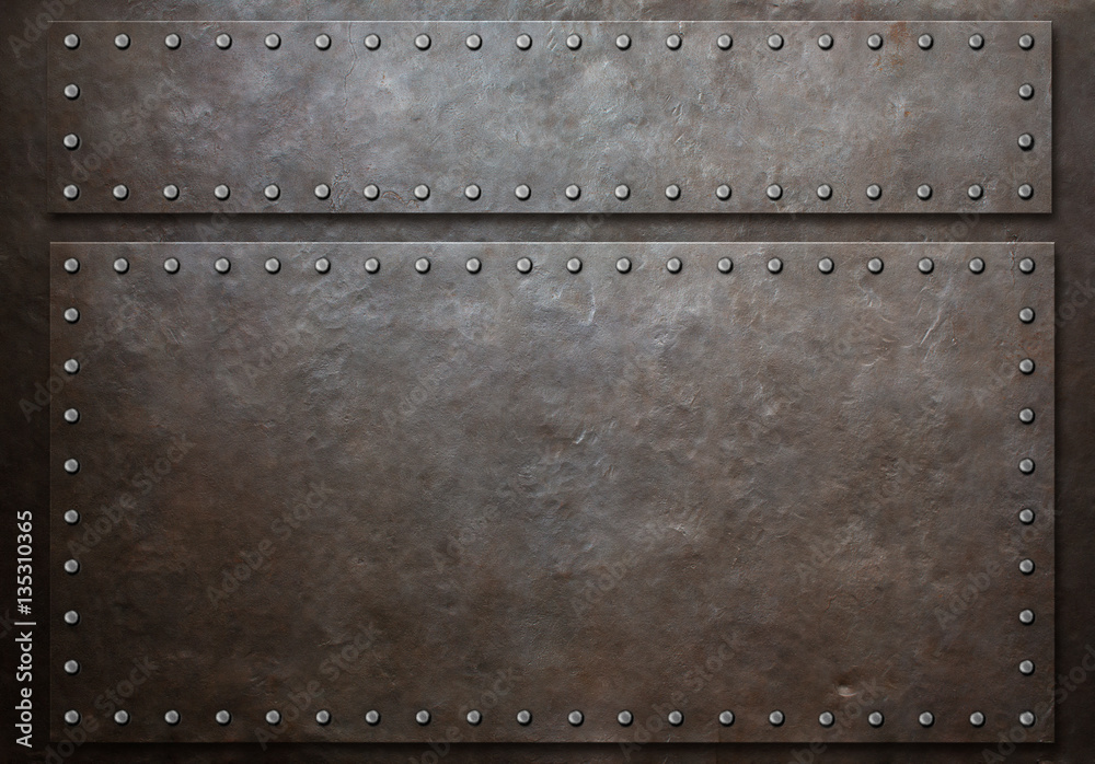 Wall mural two stained steel plates with rivets over metal background