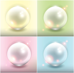 Realistic pearls set of 4. Yellow, green, blue and pink with realistic light and shadow on the multicolored backgrounds. Vector illustration. Eps10.