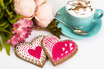 Valentine's day romantic breakfast.Gingerbread Heart with icing