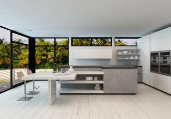 Open plan modern kitchen in a tropical villa