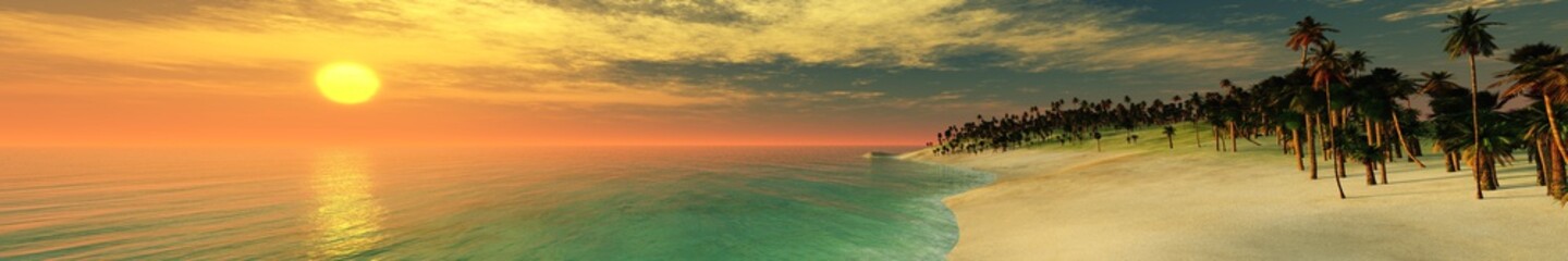 Panorama of the sea sunset over the island, the light above the water, ocean sunset over the tropics

