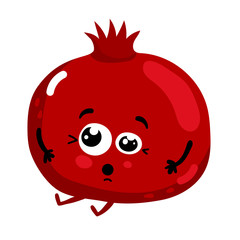 Cute fruit pomegranate cartoon character isolated on white background vector illustration. Funny positive and friendly garnet emoticon face icon. Happy smile cartoon face food emoji, comical fruit