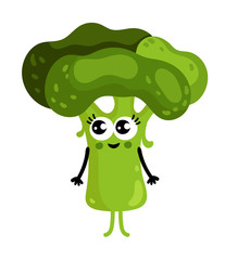 Cute vegetable broccoli cartoon character isolated on white background vector illustration. Funny positive and friendly broccoli emoticon face icon. Happy smile cartoon face, comical vegetable mascot