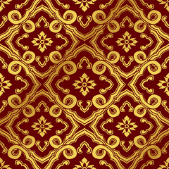 Seamless Golden Chinese Background Curve Spiral Cross Chain Flower