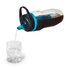 Sports bottle with a water filter. Water bottle filters the water to clean, drinkable.