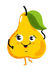 Cute fruit pear cartoon character isolated on white background vector illustration. Funny positive and friendly pear emoticon face icon. Happy smile cartoon face food emoji, comical fruit mascot