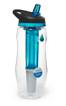 Sports bottle with a water filter. Water bottle filters the water to clean, drinkable.