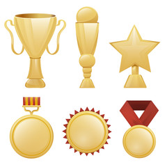 Vector collection of realistic isolated golden trophy cups, medals and awards on the white background. Concept of winning and awards ceremony.