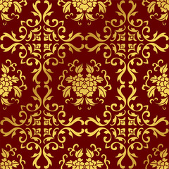 Seamless Golden Chinese Background Curve Vine Leaf Flower