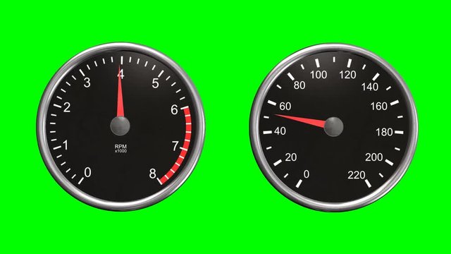 Tachometer and speedometer moving animation on green screen 