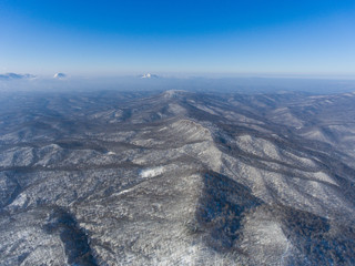 Aerial landscape of winter mountain valley.
