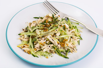 Chicken salad, fresh vegetables and chia seeds
