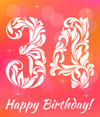 Bright Greeting card Template. Celebrating 34 years birthday. Decorative Font with swirls and floral elements.