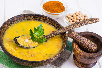 Vegetarian food is without meat: soup with chickpeas