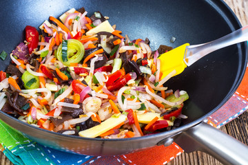 Chinese mix vegetables, fried in a pan