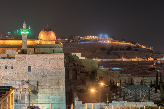 Jerusalem Old City at night, Al-Aqsa Mosque, Israel. 