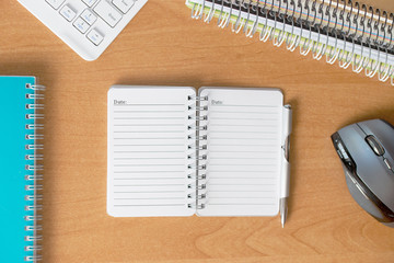Office desk table with computer, supplies. Copy space for text