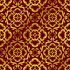 Seamless Golden Chinese Background Curve Spiral Cross Flower