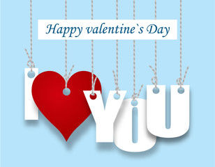 Stylized inscription I love you. Red heart on a blue background. Postcard in honor of St. Valentina s Day. illustration