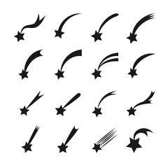 Shooting stars icons. Vector falling star silhouettes or comets isolated on white background