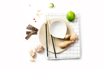 Fototapeta premium Asian food ingredients on white background with copy space