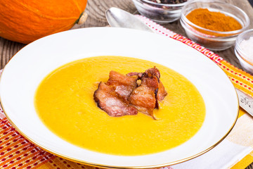 Pumpkin puree soup with bacon