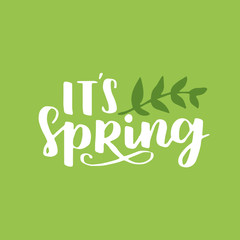 Vector seasonal greeting card of hand-written spring brush lettering. Spring collection white ink and green floral elements on green background. Trendy greenery color of spring 2017.