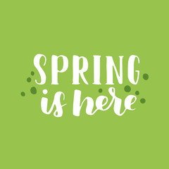 Vector seasonal greeting card of hand-written spring brush lettering. Spring collection white ink and green floral elements on green background. Trendy greenery color of spring 2017.